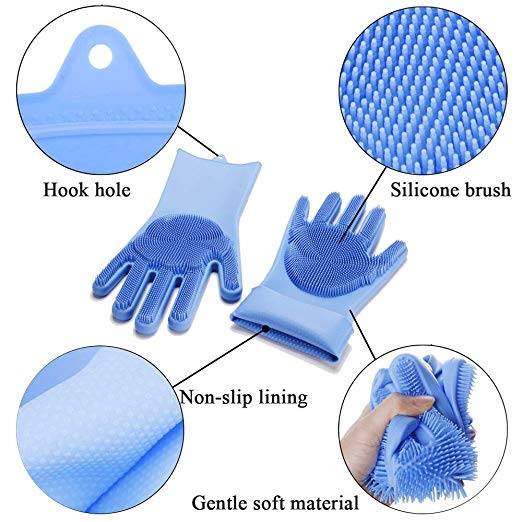 Silicone gloves with scrubbers are made of a non-slip lining, gentle soft material and have a hook hole on each glove.