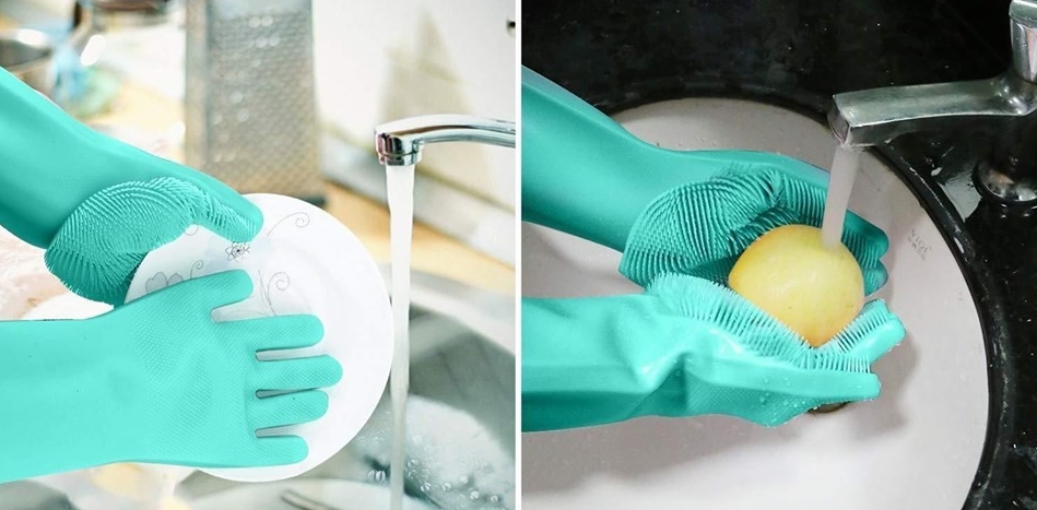 Silicone Gloves washes dishes and vegetables.