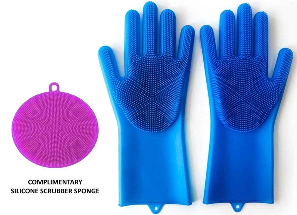 Set of silicone gloves with a complimentary silicone scrubber sponge.
